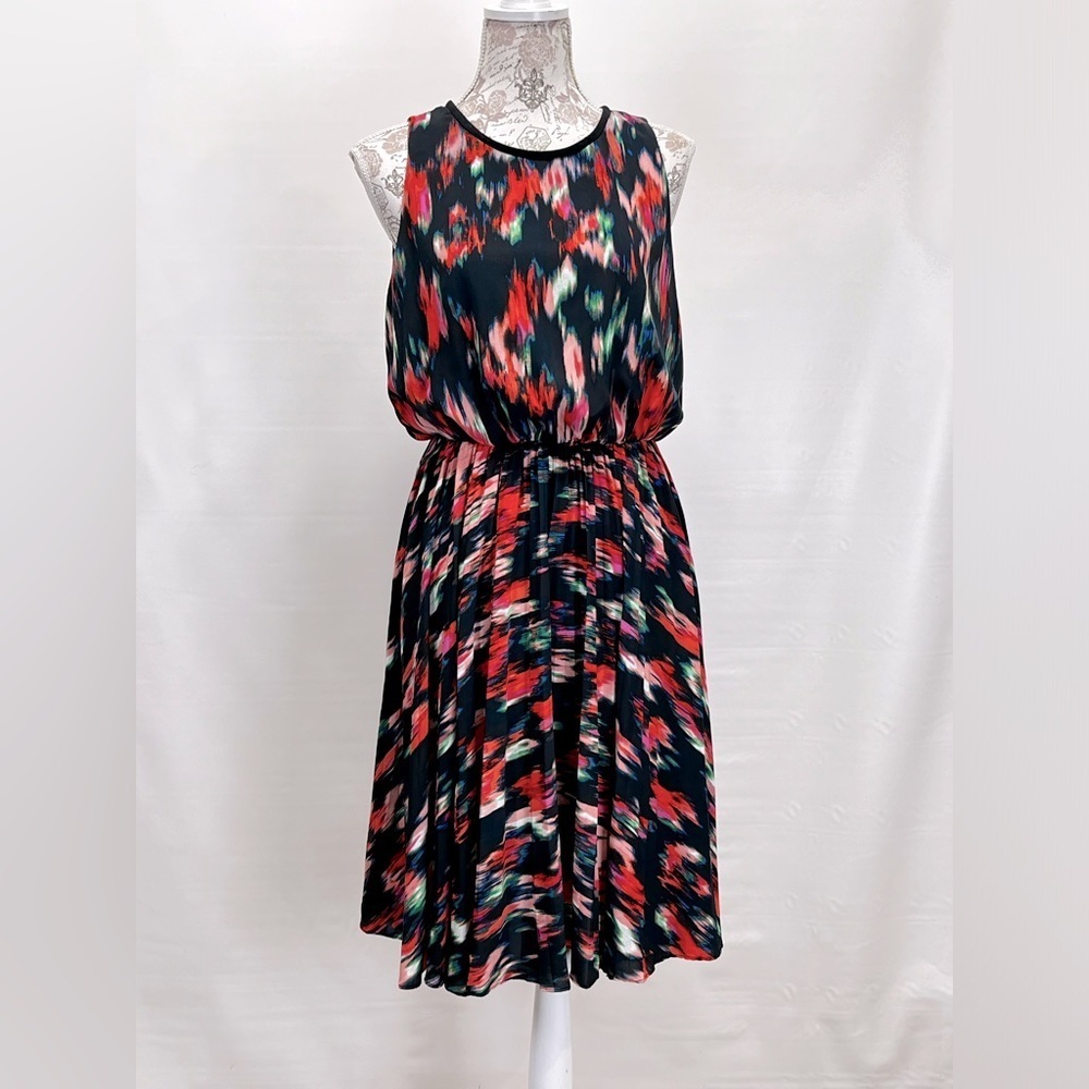 CALVIN KLEIN Navy abstract print sleeveless round neck dress size 8.